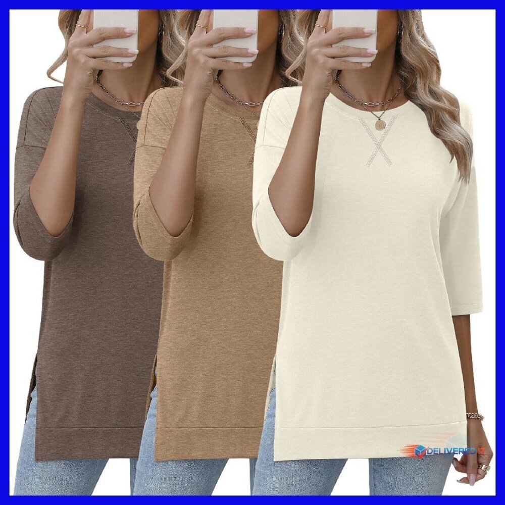 3-Pack 3/4 Sleeve Tunic Tops Loose Fit Side Slit Casual Basic Tees